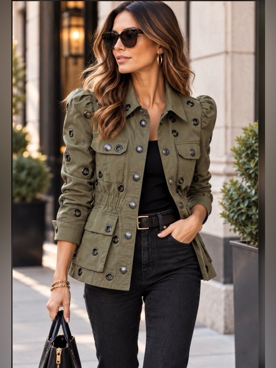 Veronica Beard Jackets & Blazers - Veronica Beard Olive Grommet Military Utility Jacket Puff Sleeve Size 10